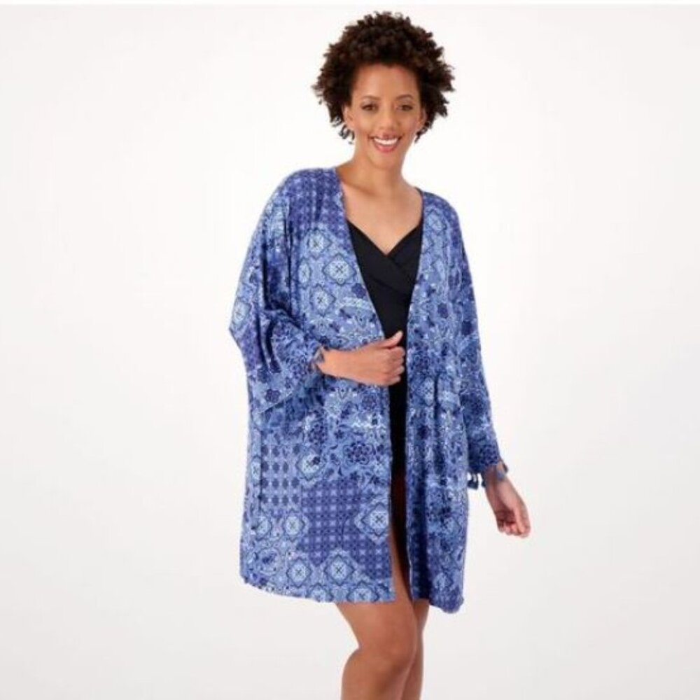 Denim & Co. Beach Printed Tie Front Kaftan Cover-up Blue, Medium